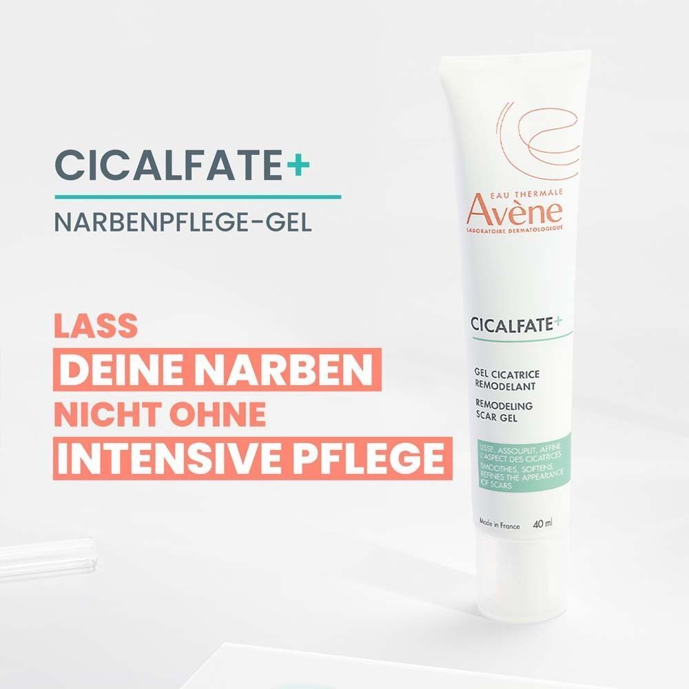Tube Avène Cicalfate+ Narbenpflege-Gel. Weiß, grüne Schrift. 40ml. Text: Lass deine Narben nicht ohne intensive Pflege.