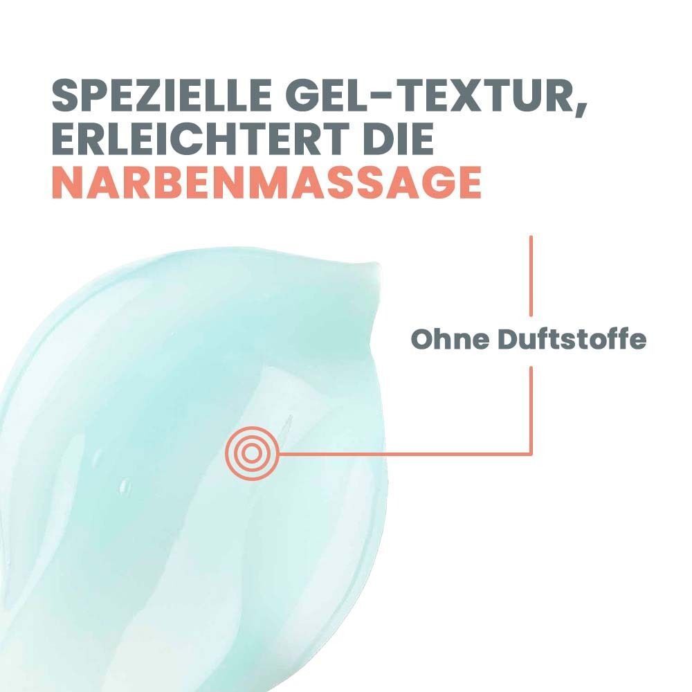 Nahaufnahme von blauem Gel. Text: Spezielle Gel-Textur, erleichtert die Narbenmassage. Ohne Duftstoffe.