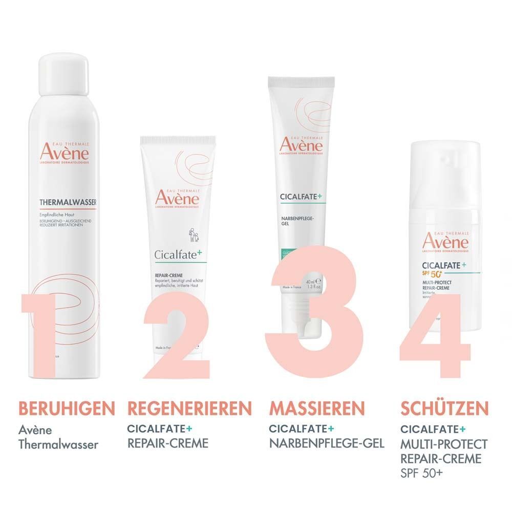 Produktreihe: Thermalwasser, Repair-Creme, Narbenpflege-Gel, Multi-Protect Repair-Creme SPF 50+. Text: Beruhigen, regenerieren, massieren, schützen.