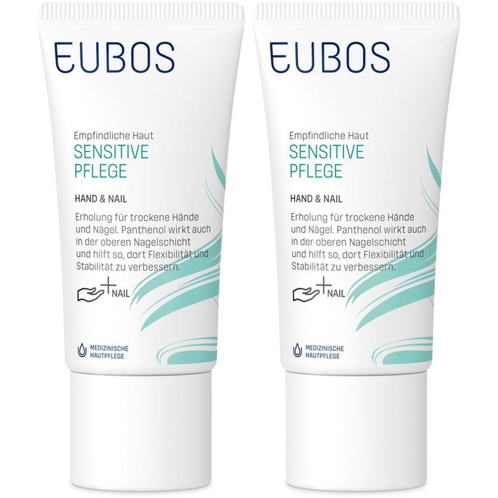 Zwei Tuben EUBOS Sensitive Pflege. Weiße Tuben mit blauer Schrift und türkisen Akzenten. Text: Sensitive Pflege, Hand & Nail.