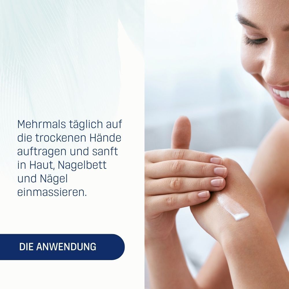 Frau trägt Creme auf die Hand auf. Text: Mehrmals täglich auf trockene Hände auftragen und sanft einmassieren. Text: Die Anwendung.