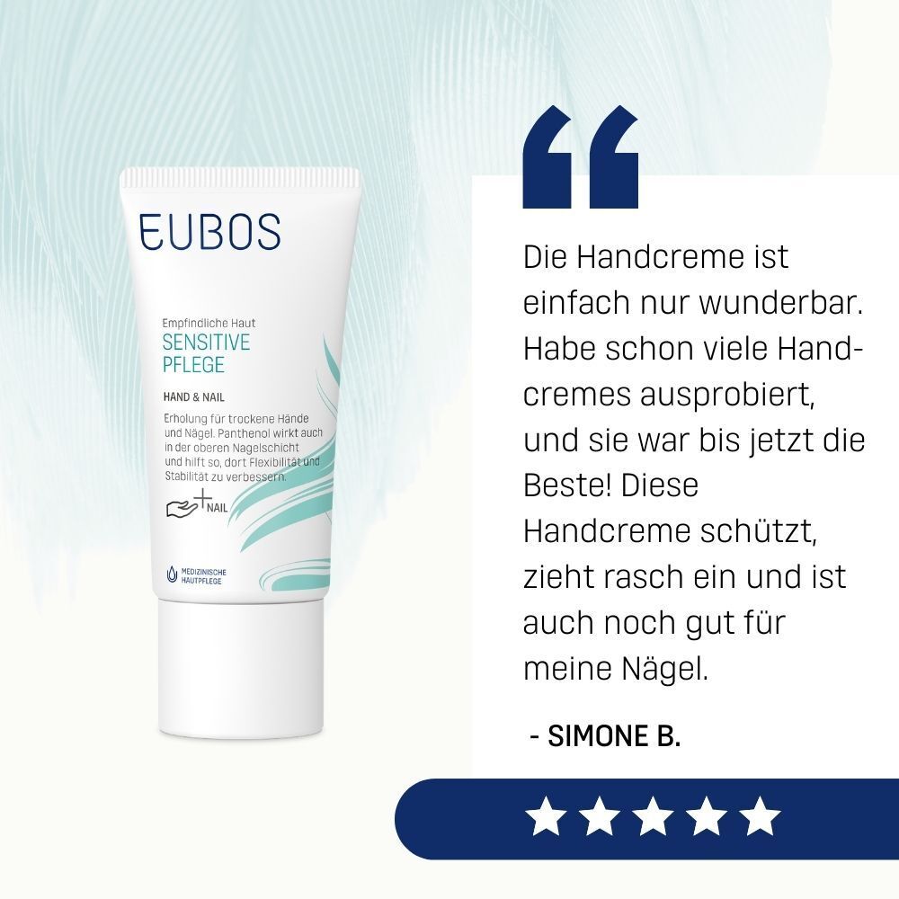 EUBOS Sensitive Pflege Tube. Zitat: Die Handcreme ist einfach nur wunderbar. 5 Sterne Bewertung.