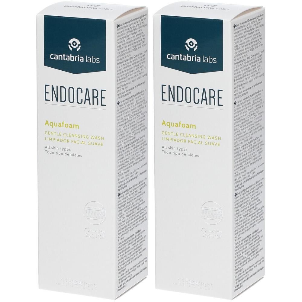 Zwei weiße Kartons mit der Aufschrift ENDOCARE Aquafoam. Aufschrift: Gentle Cleansing Wash. Marke: Cantabria Labs.