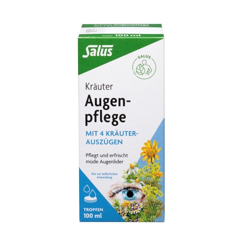 Salus® Kräuter Augenpflege-Verpackung. Weißer Karton mit Produktnamen, Logo und Illustration eines Auges mit Kräutern.