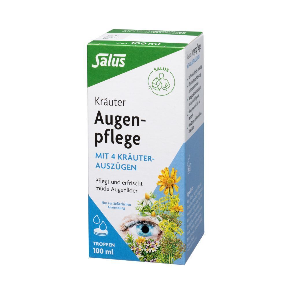 Salus® Kräuter Augenpflege-Verpackung. Weißer Karton mit Produktnamen, Logo und Illustration eines Auges mit Kräutern.