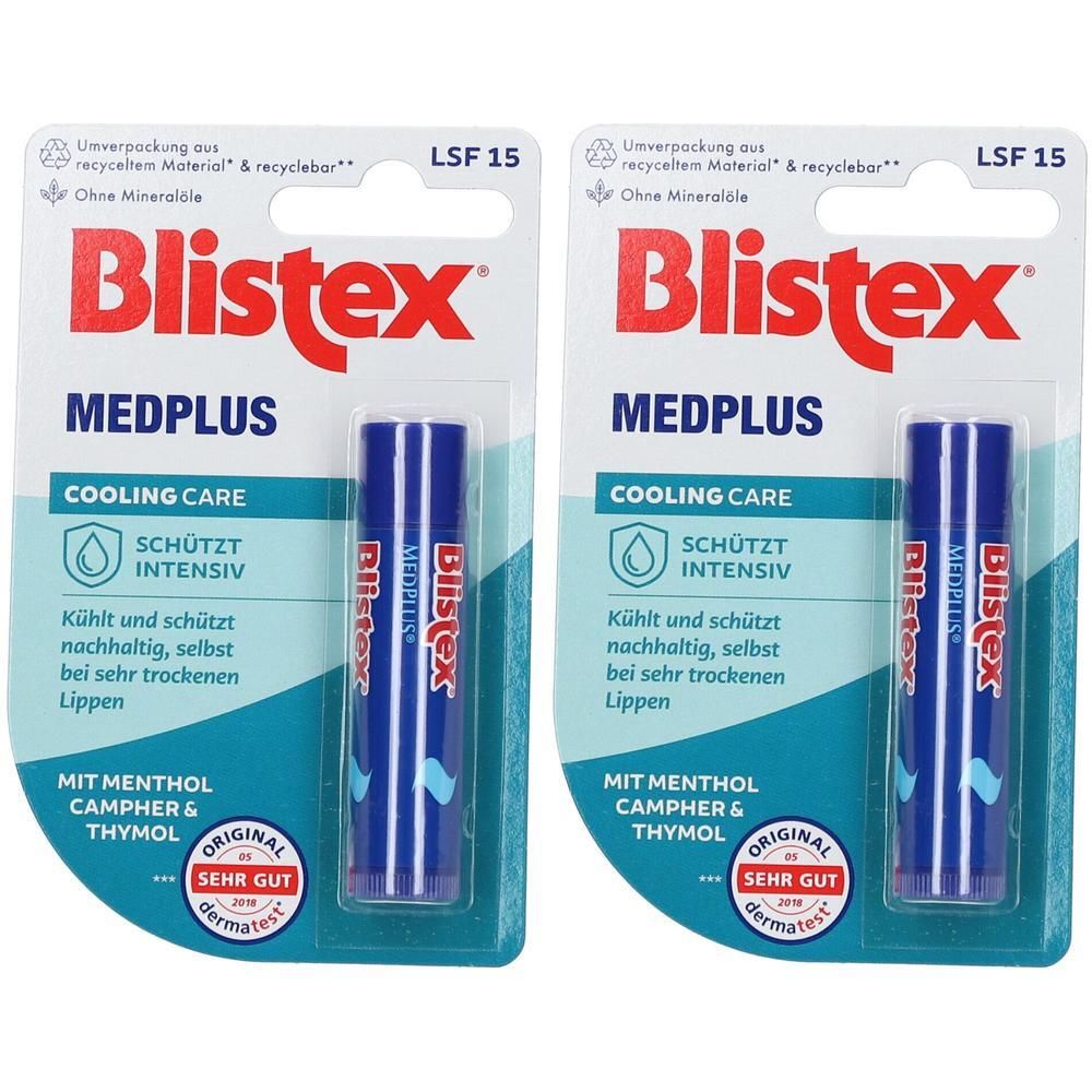 Zwei Blistex® MEDPLUS COOLING CARE Lippenpflegestifte in Blisterverpackung. Blaue Stifte mit weißer Schrift. Verpackung mit LSF 15.