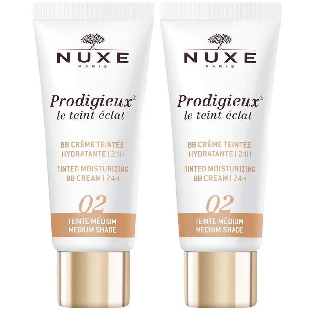 Zwei Tuben BB Creme. Aufschrift: NUXE, Prodigieux, le teint éclat, getönte Feuchtigkeitscreme. Farbton: 02, Teinte Medium, Medium Shade.