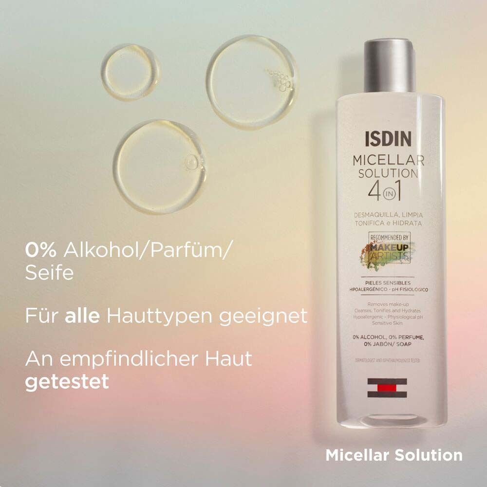 ISDIN Mizellenwasser-Flasche mit Text. 0% Alkohol/Parfüm/Seife. Für alle Hauttypen geeignet. An empfindlicher Haut getestet. Kreise mit Flüssigkeit.