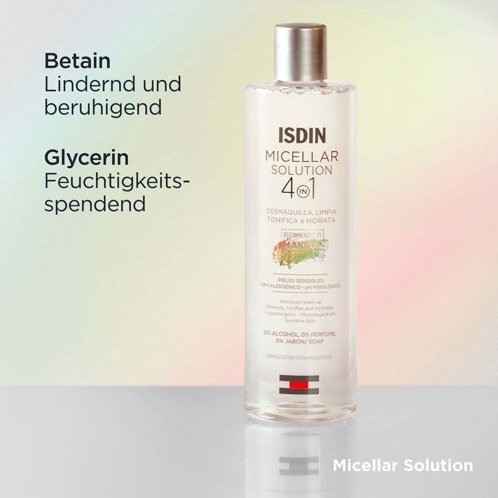 ISDIN Mizellenwasser-Flasche mit Text. Betain: Lindernd und beruhigend. Glycerin: Feuchtigkeitsspendend. Produktetikett mit Text.