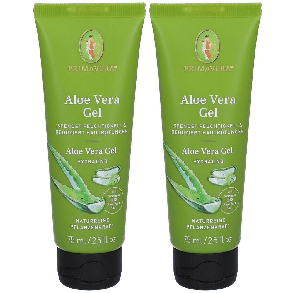 Zwei grüne Tuben Aloe Vera Gel. Aufschrift: Primavera, Aloe Vera Gel, spendet Feuchtigkeit, reduziert Hautrötungen. 75 ml.