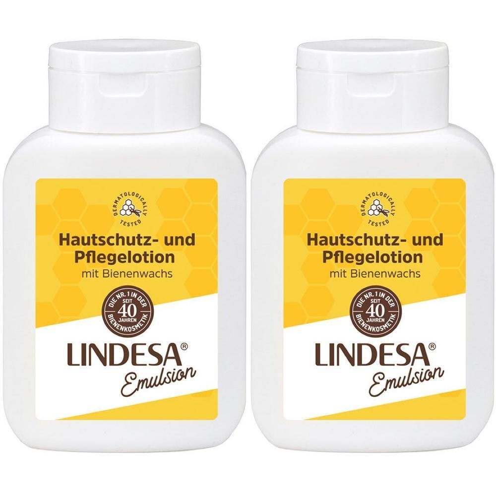 Zwei weiße Flaschen mit gelben Etiketten. Aufschrift: Hautschutz- und Pflegelotion mit Bienenwachs. Marke: LINDESA® Emulsion.