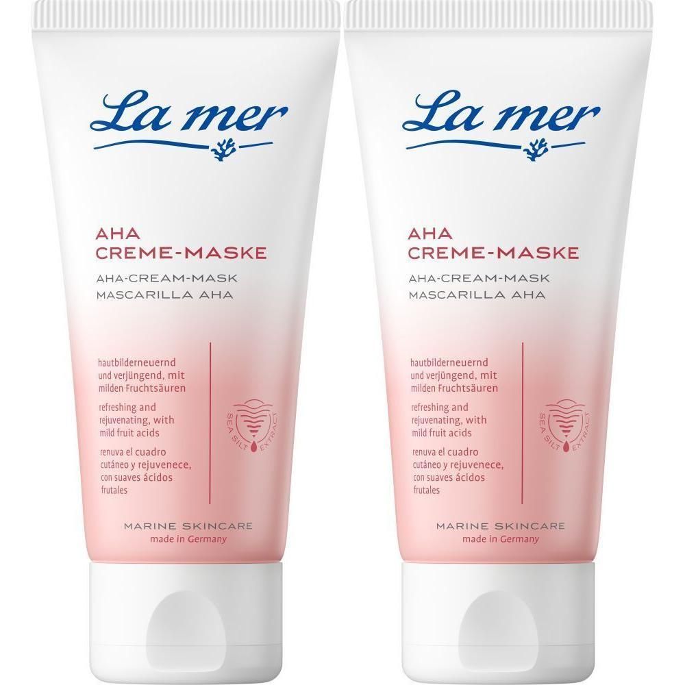 Zwei Tuben La mer AHA CREME-MASKE. Weiße Tuben mit rosa Akzenten und Produktinformationen. Marine Skincare.