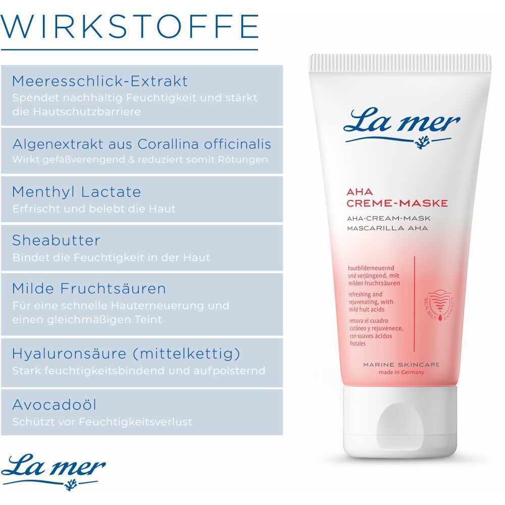 Produkt-Tube La mer AHA CREME-MASKE neben Text über Inhaltsstoffe. Weiße Tube mit rosa Akzenten. Marine Skincare.