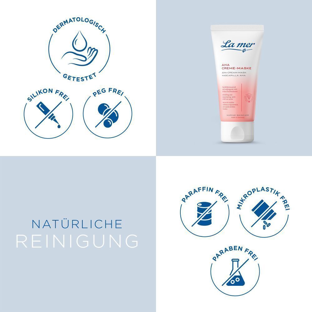 Produkt-Tube La mer AHA CREME-MASKE mit Logos. Weiße Tube mit rosa Akzenten. Logos: Dermatologisch getestet, Silikon frei, PEG frei.