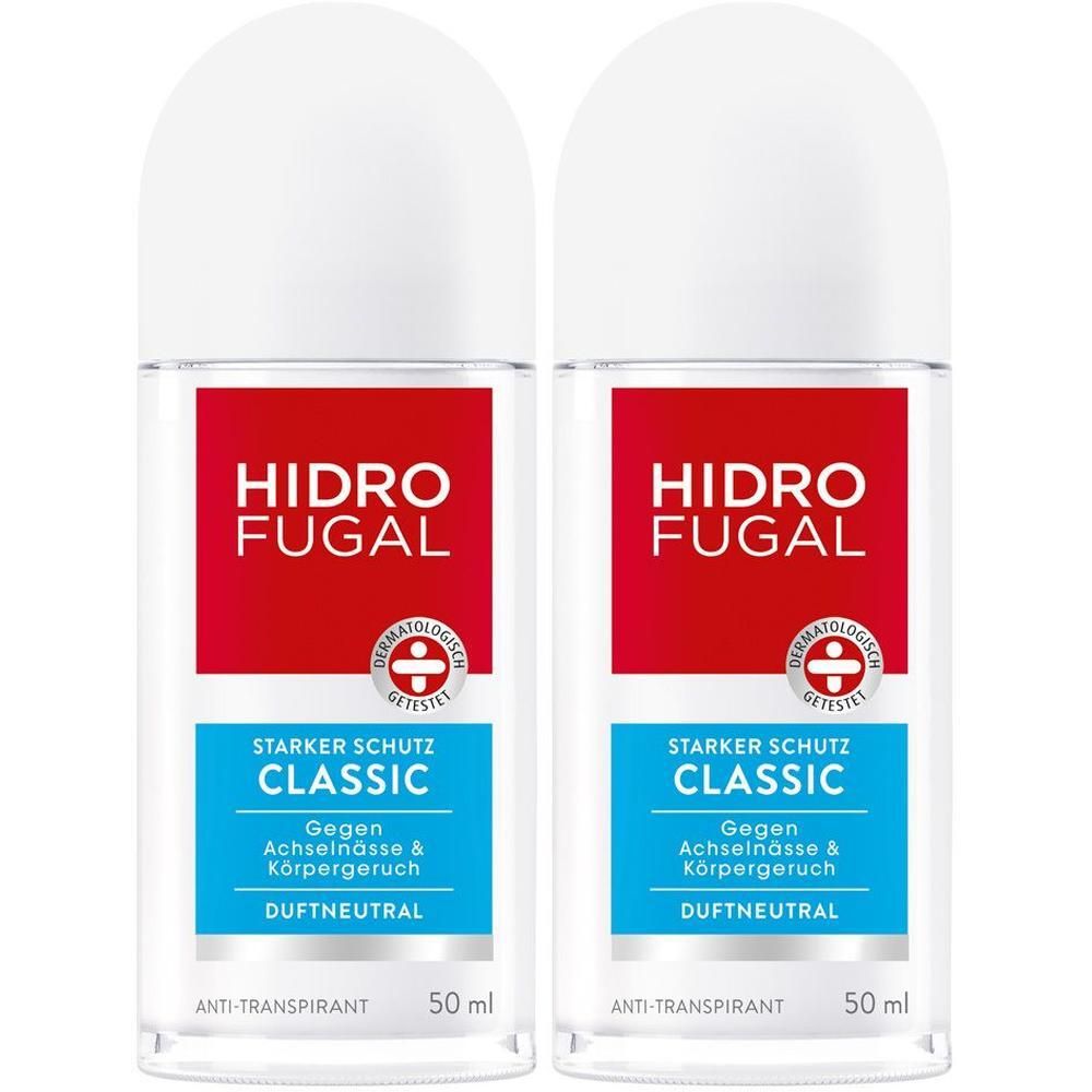 Zwei Roll-Ons mit weißem Deckel. Roter Aufkleber mit HIDRO FUGAL und CLASSIC. Gegen Achselnässe und Körpergeruch. Dermatologisch getestet.