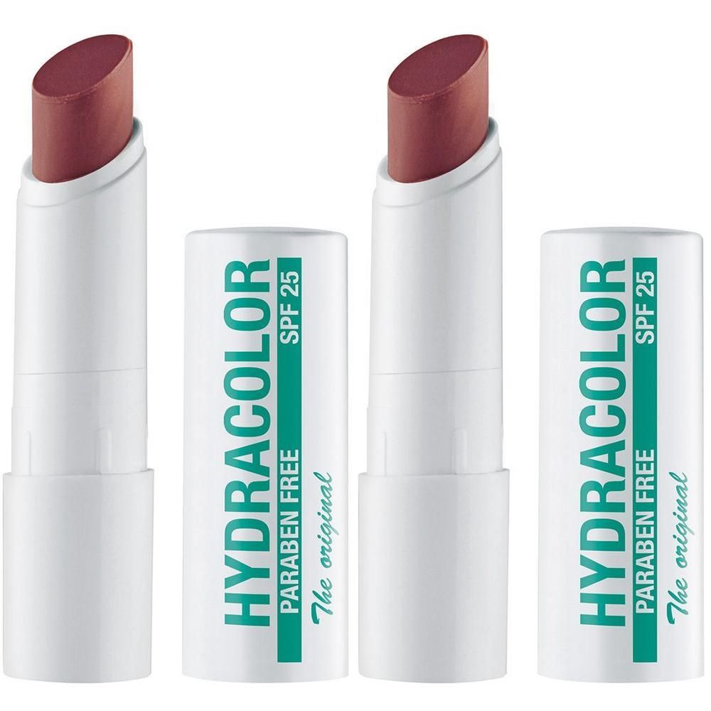 Zwei Lippenpflegestifte mit geöffneter Kappe. Weißer Stift mit rosafarbenem Lippenstift. Auf der Kappe steht HYDRACOLOR, SPF 25, PARABEN FREE.