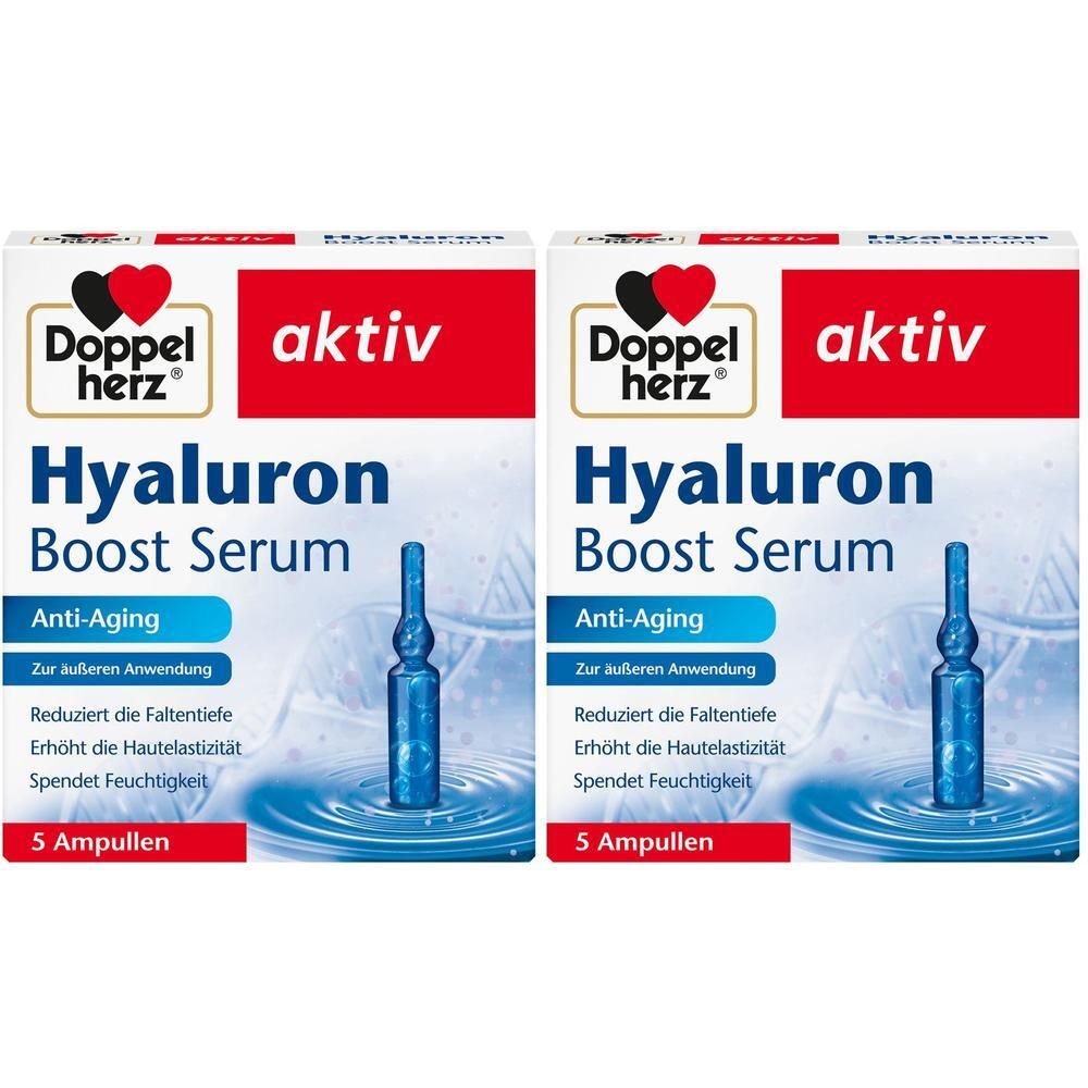 Zwei Packungen Doppelherz Hyaluron Boost Serum. Rote und weiße Verpackung mit Produktnamen, Ampulle-Abbildung und Text. 5 Ampullen.