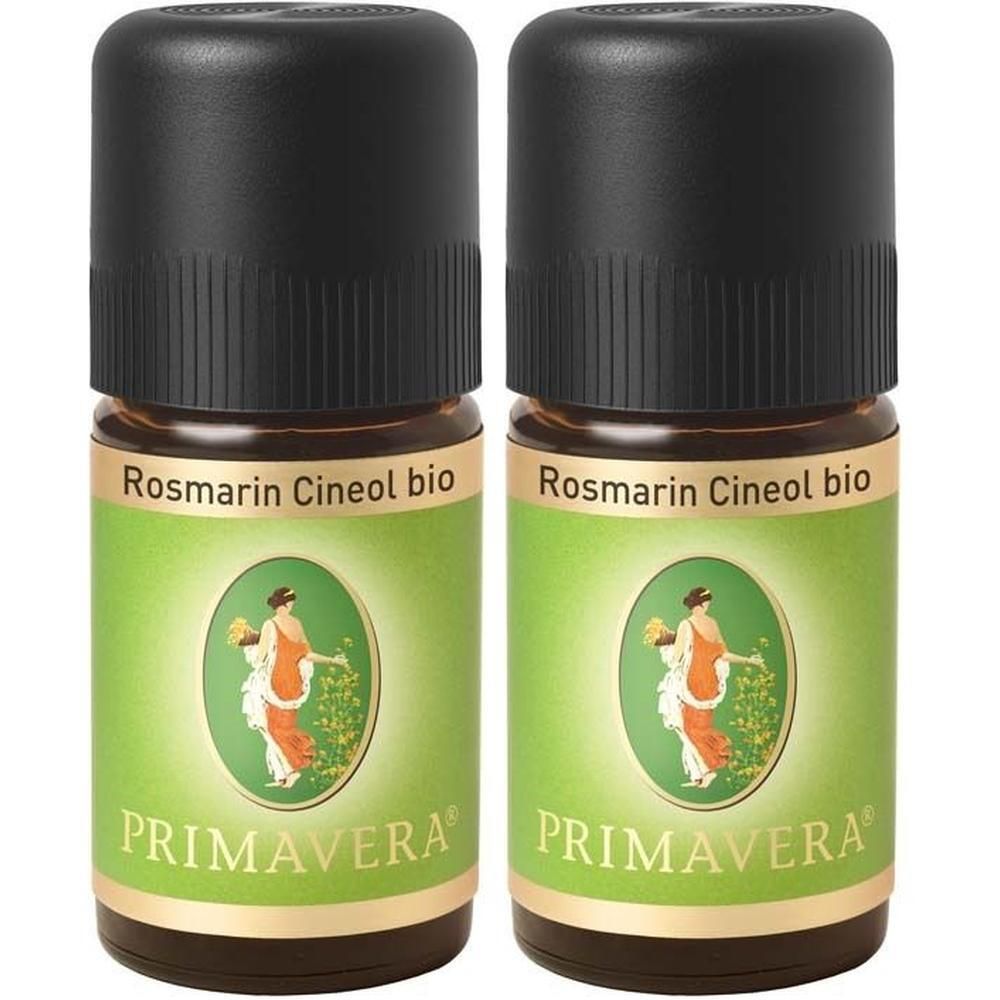 Zwei kleine Glasflaschen mit schwarzem Deckel. Auf den Etiketten steht "Rosmarin Cineol bio" und "PRIMAVERA".