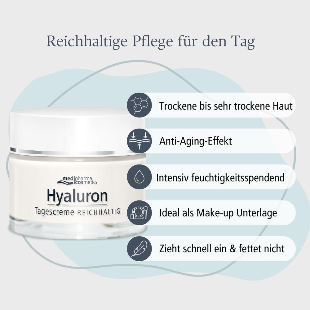 Tiegel Hyaluron Tagescreme Reichhaltig mit Infografik. Trockene bis sehr trockene Haut, Anti-Aging-Effekt, intensiv feuchtigkeitsspendend, Make-up-Unterlage.