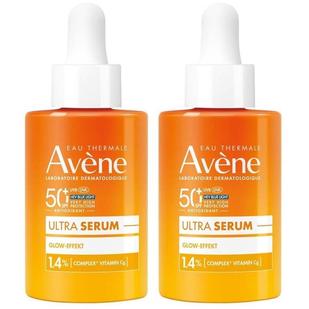 Zwei Flaschen Avène Ultra Serum. Orangefarbene Flaschen mit weißem Deckel und Pipette. Text: 50+ LSF, Ultra Serum.