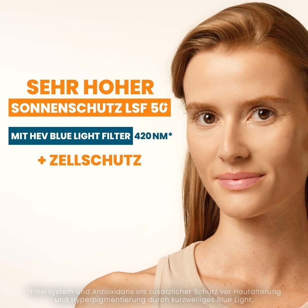 Frau mit Haut. Text: Sehr hoher Sonnenschutz LSF 50, mit HEV Blue Light Filter 420 nm, + Zellschutz.