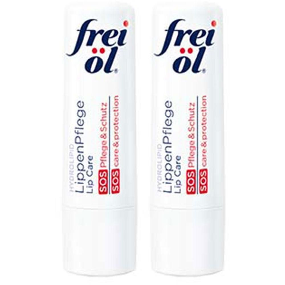 Zwei weiße Lippenpflegestifte mit roter und blauer Schrift. Aufschrift: frei öl® HYDROLIPID LippenPflege SOS Pflege & Schutz.