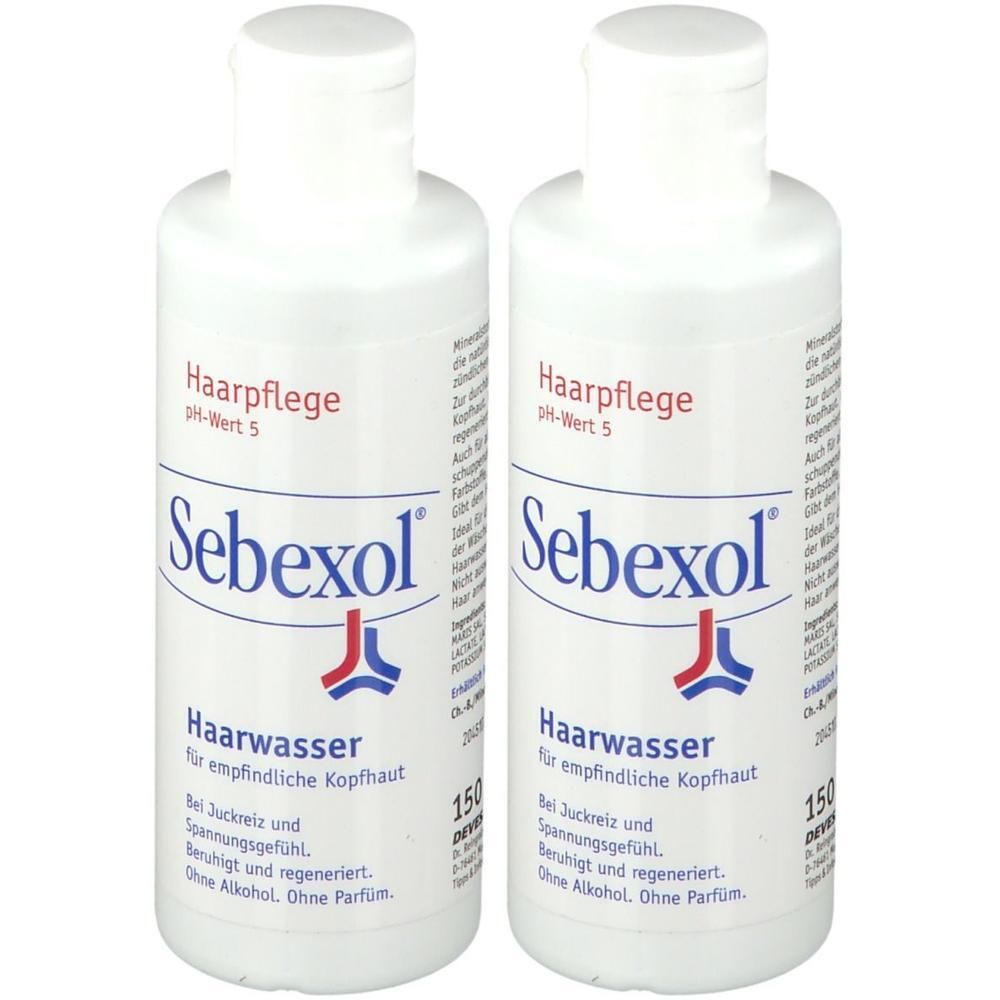 Zwei weiße Flaschen mit weißem Deckel. Aufschrift: Sebexol Haarwasser, pH-Wert 5. Text: Für empfindliche Kopfhaut.