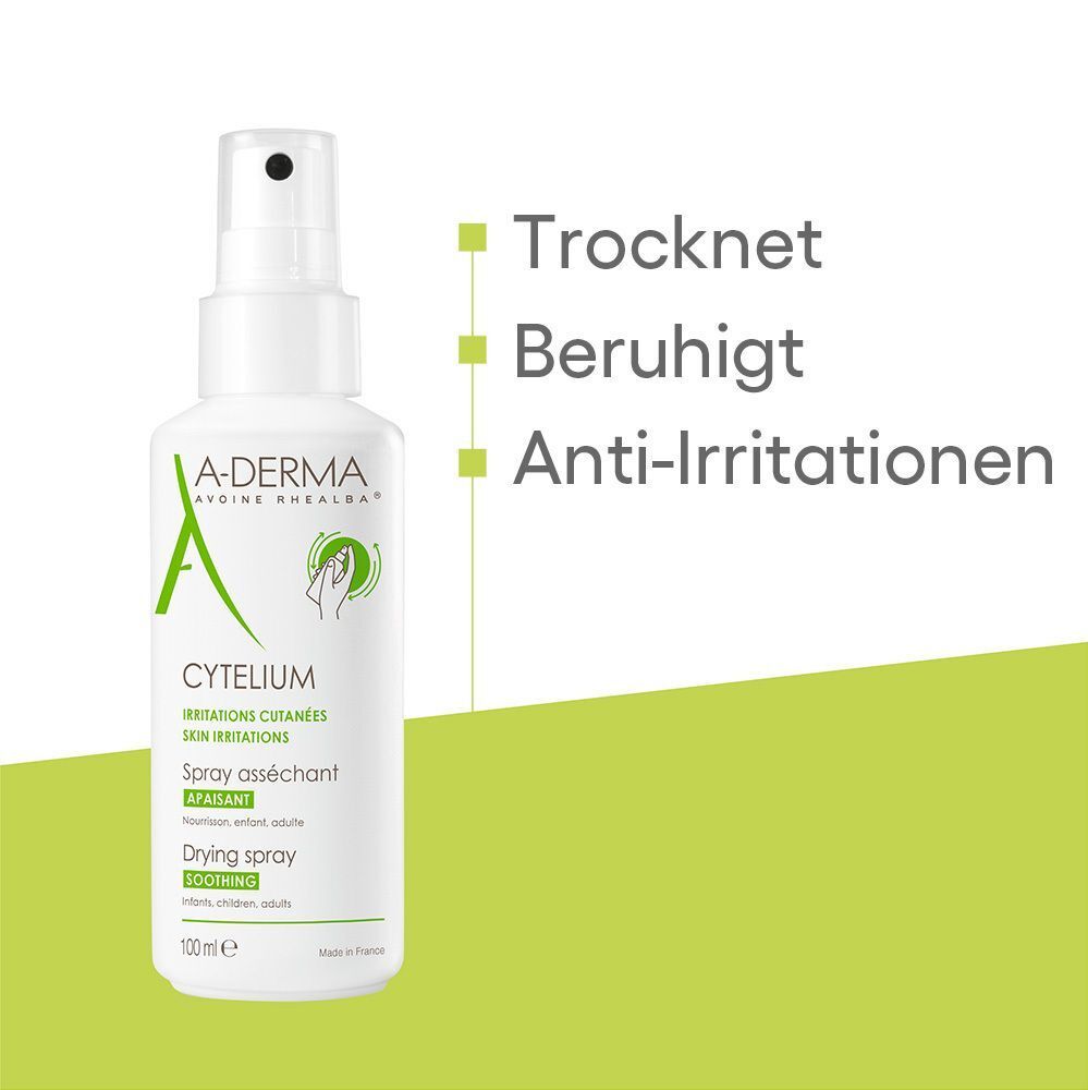 Weiße Sprühflasche A-DERMA CYTELIUM. Text: Irritations cutanées, Spray asséchant, Drying spray. Grafiken: Trocknet, Beruhigt, Anti-Irritationen.