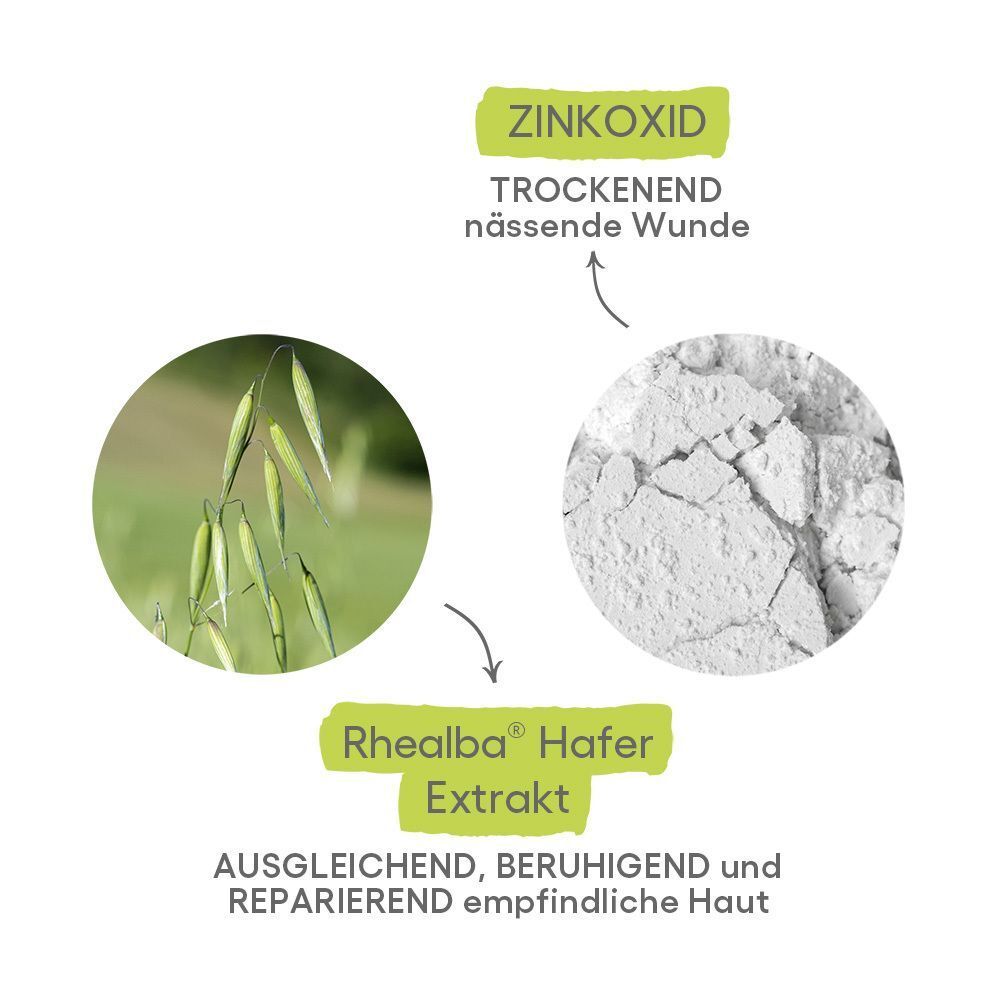 Grafik: Rhealba® Hafer Extrakt und Zinkoxid. Text: Ausgleichend, beruhigend und reparierend empfindliche Haut.