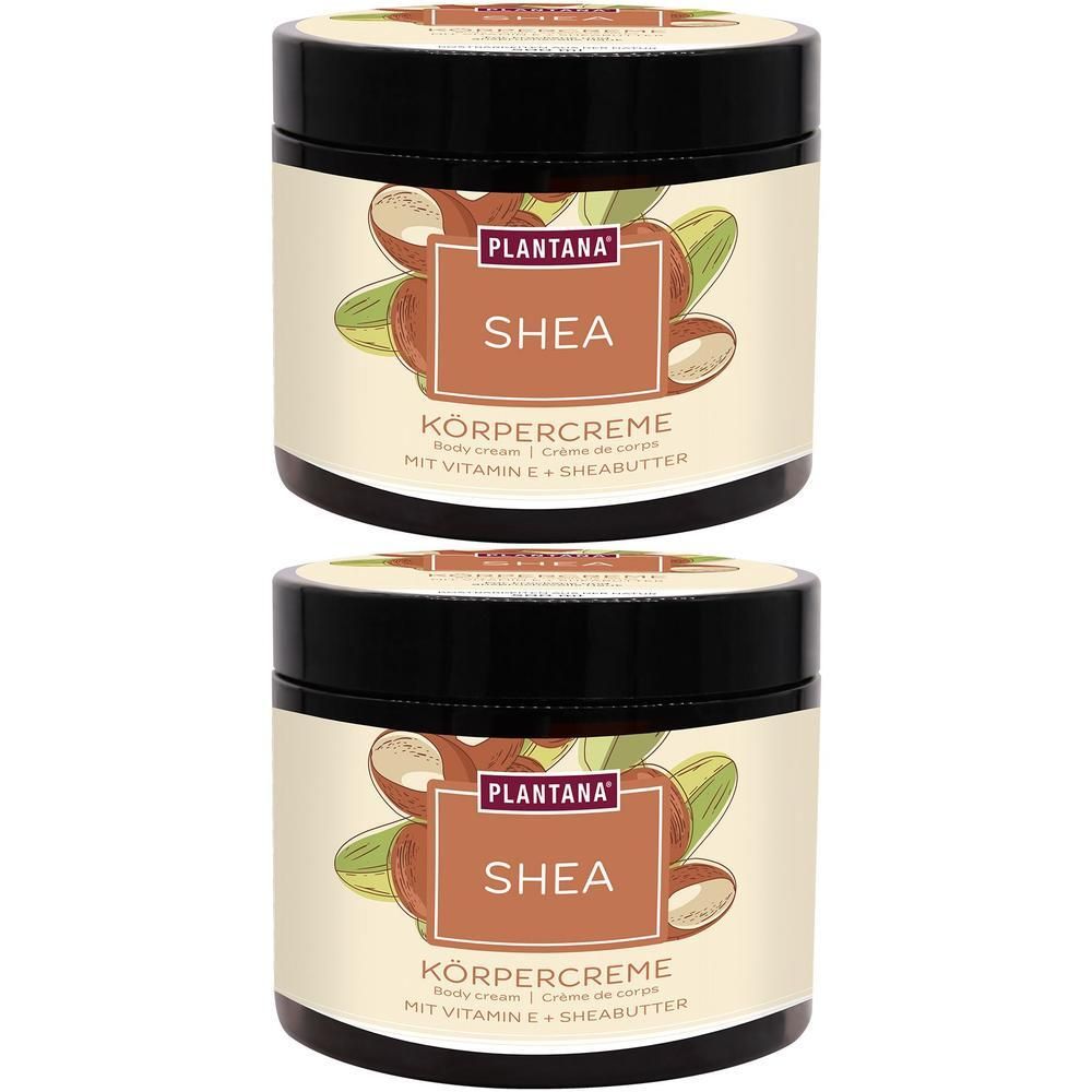 Zwei Tiegel Körpercreme mit schwarzem Deckel. Aufschrift: PLANTANA SHEA KÖRPERCREME mit Vitamin E + Sheabutter. Illustrationen von Shea-Nüssen.