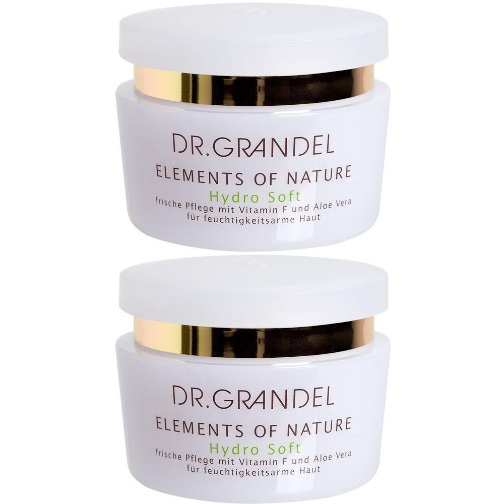Zwei weiße Tiegel mit Deckel und goldenem Ring. Aufschrift: DR. GRANDEL ELEMENTS OF NATURE Hydro Soft. Text: frische Pflege mit Vitamin F und Aloe vera.