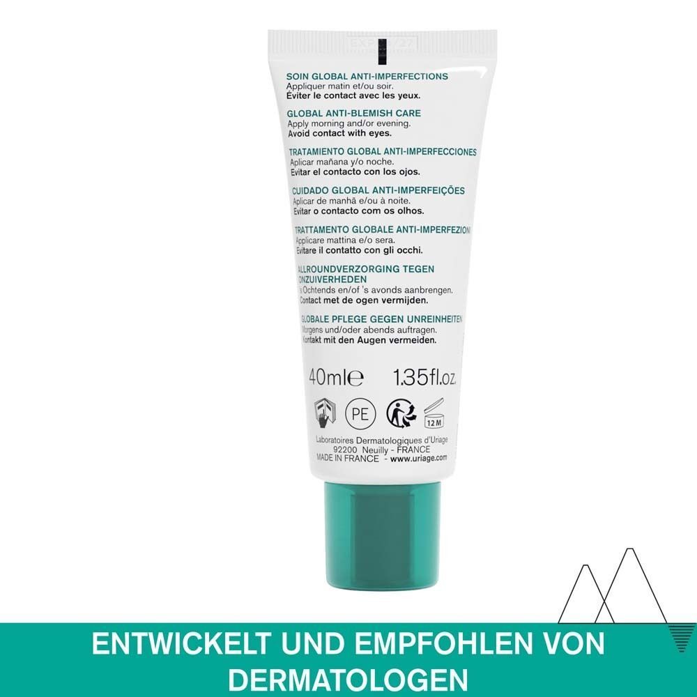 Rückseite einer Tube URIAGE Hyseac 3-Regul+ Creme. Text in mehreren Sprachen: globale Pflege gegen Unreinheiten, 40ml, 1.35 fl.oz.