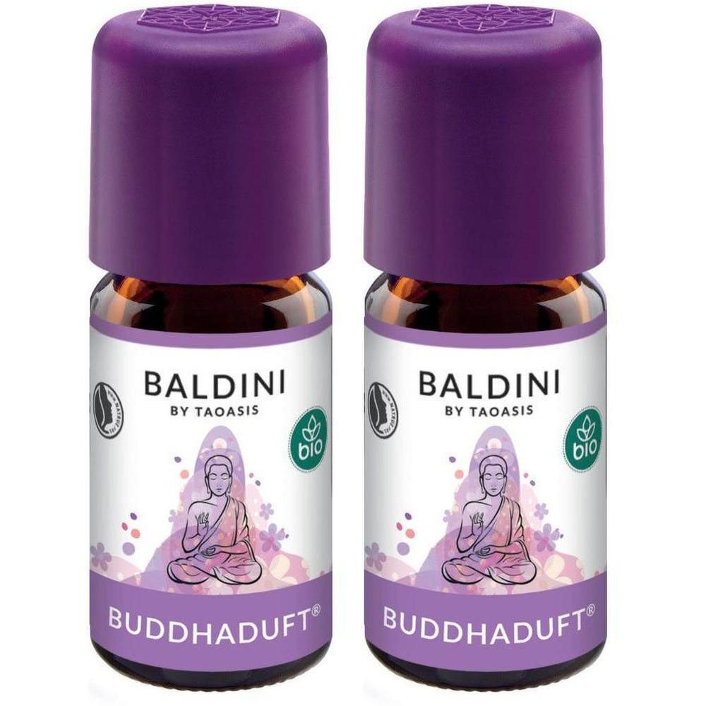 Zwei Flaschen mit lila Deckel. Auf den Etiketten steht BALDINI, BUDDHADUFT und ein Bio-Siegel. Abbildung eines Buddhas.