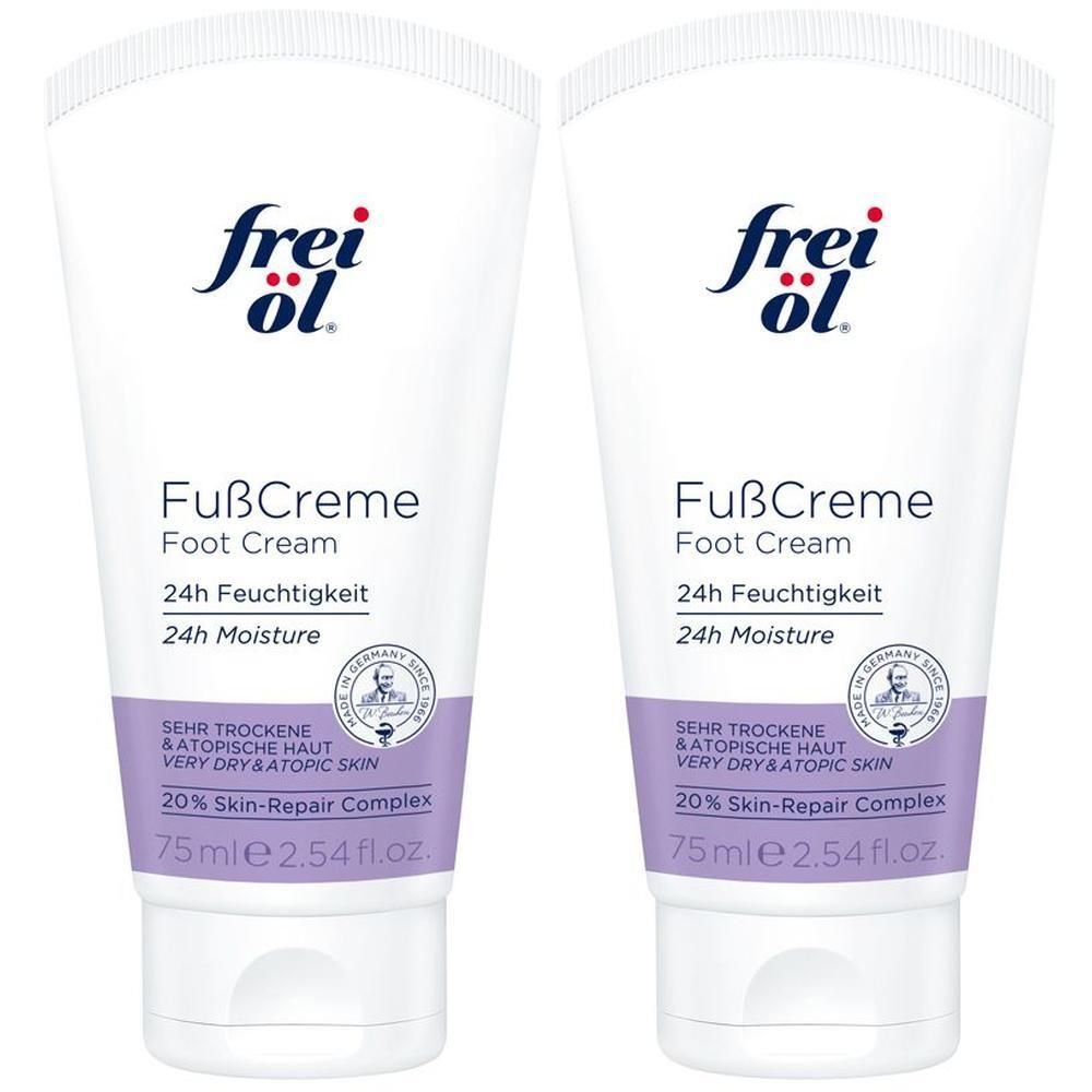 Zwei Tuben freiöl® FußCreme. Weiße Tuben mit lila Akzenten. Text: FußCreme, 24h Feuchtigkeit, 75ml. Siegel: Sehr trockene & atopische Haut.