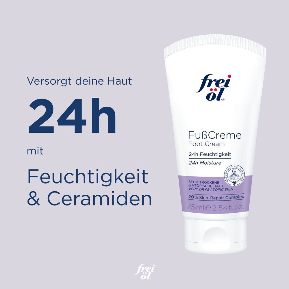 Tube freiöl® FußCreme. Weiß mit lila Akzenten. Text: FußCreme, 24h Feuchtigkeit, 75ml. Text: Versorgt deine Haut mit Feuchtigkeit & Ceramiden.