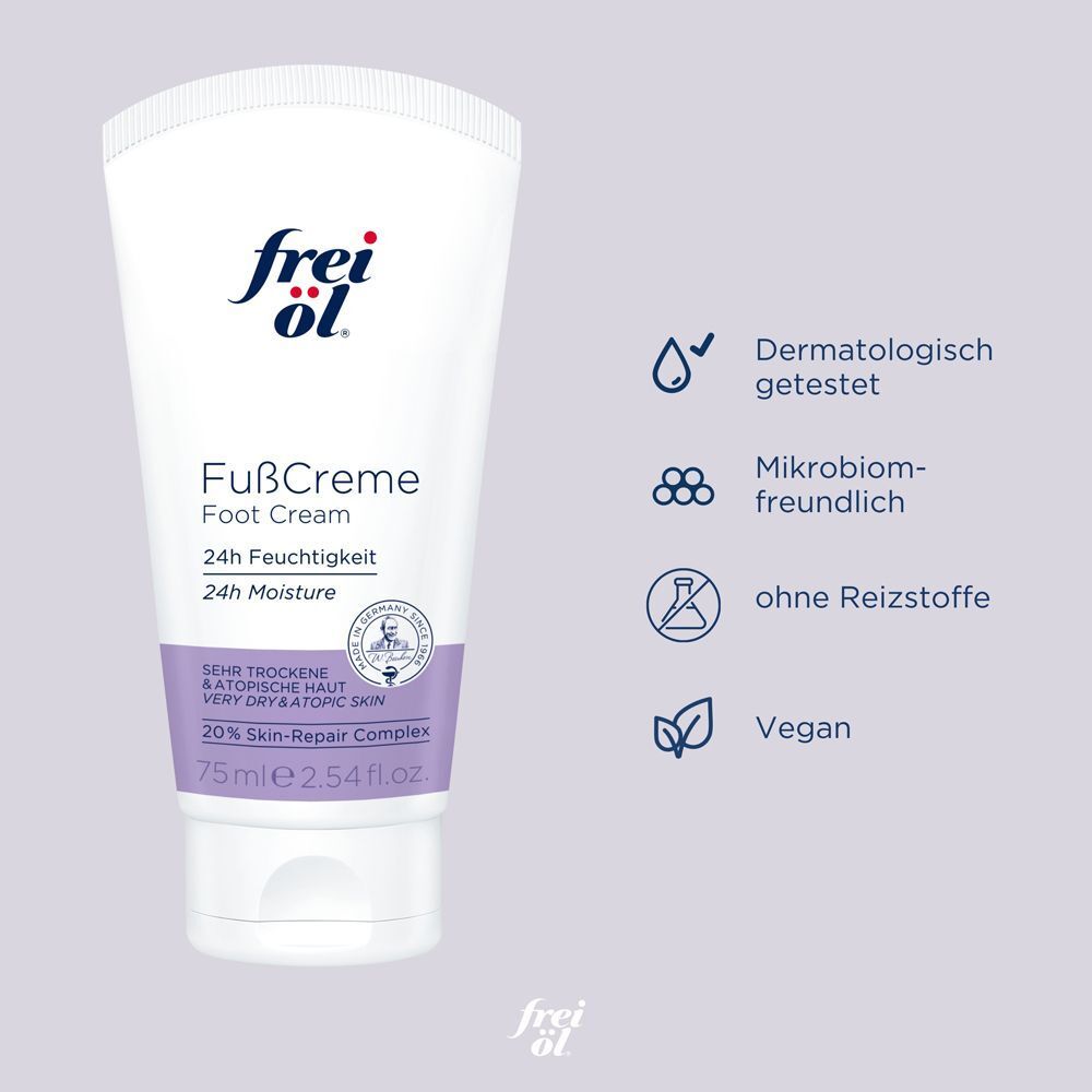 Tube freiöl® FußCreme. Weiß mit lila Akzenten. Text: FußCreme, 24h Feuchtigkeit, 75ml. Siegel: Dermatologisch getestet, mikrobiomfreundlich, ohne Reizstoffe, vegan.