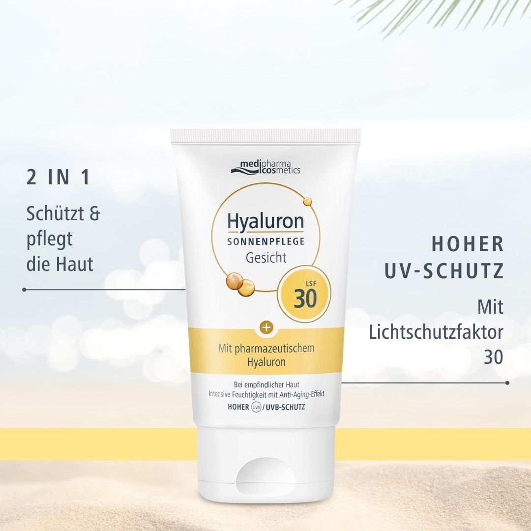 medipharma cosmetics Hyaluron Sonnenpflege Gesicht LSF 30. Weiße Tube mit gelben Akzenten. Text: 2 in 1, hoher UV-Schutz.
