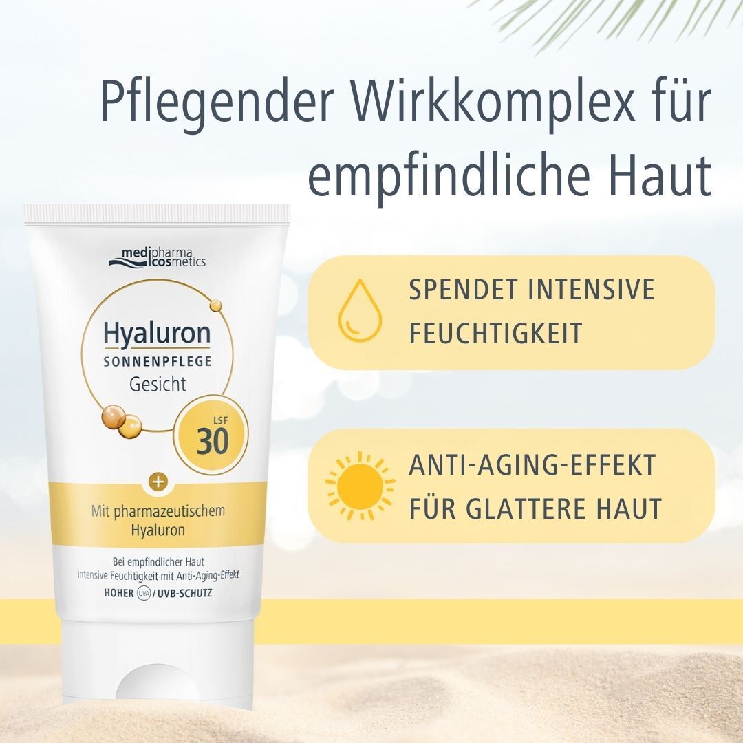 medipharma cosmetics Hyaluron Sonnenpflege Gesicht LSF 30. Weiße Tube mit gelben Akzenten. Text: Pflegender Wirkkomplex, spendet Feuchtigkeit.