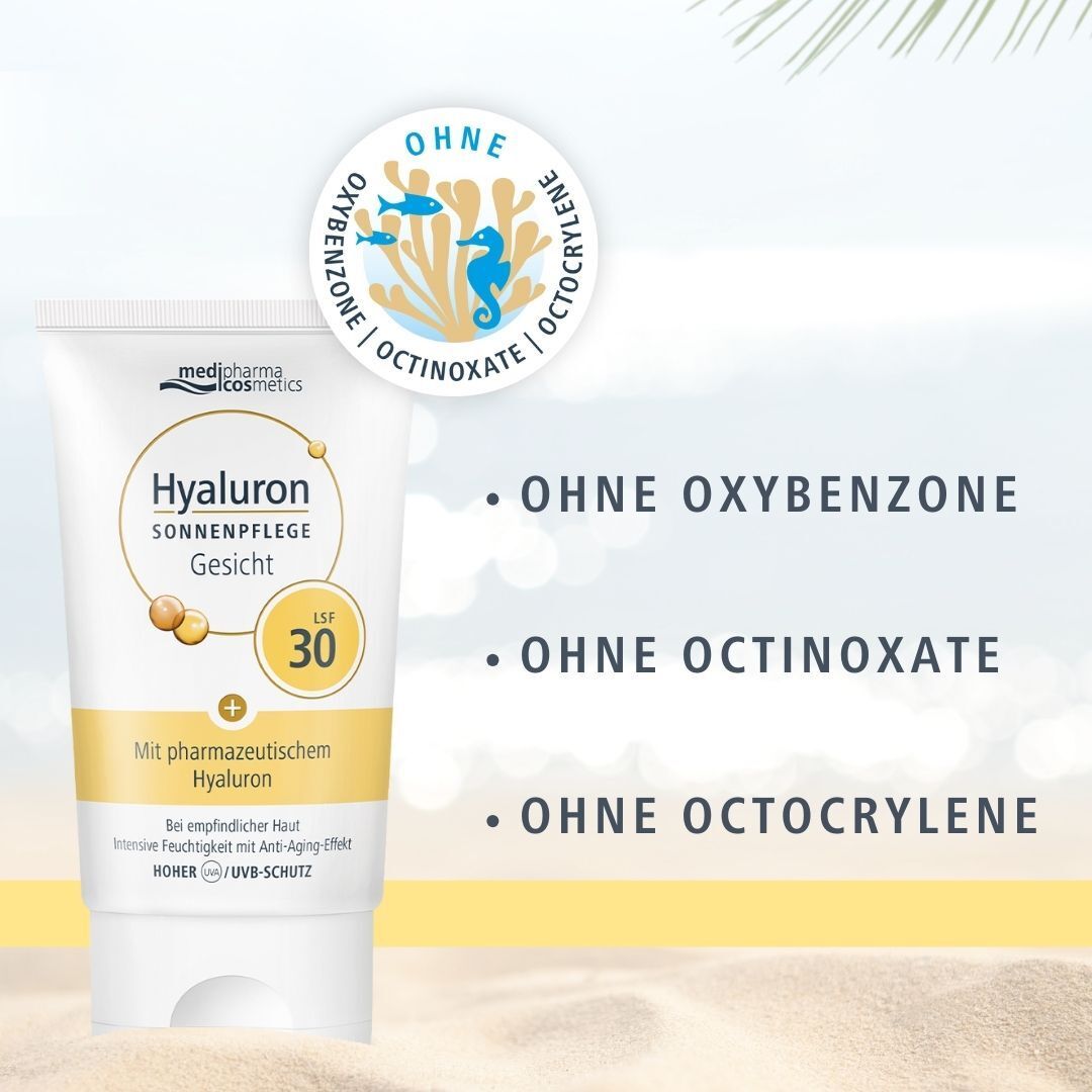medipharma cosmetics Hyaluron Sonnenpflege Gesicht LSF 30. Weiße Tube mit gelben Akzenten. Text: Ohne Oxybenzone, Octinoxate, Octocrylene.