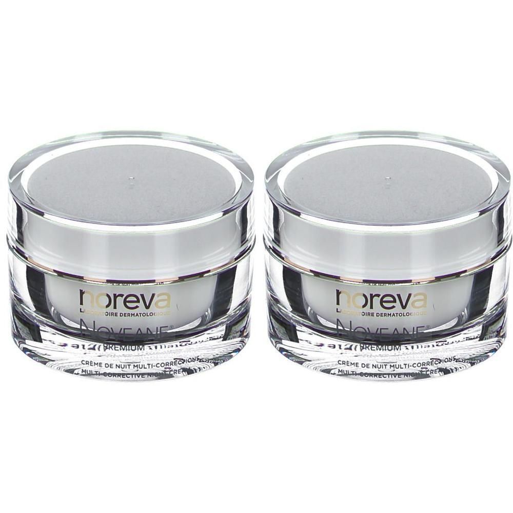 Zwei Tiegel Creme mit silbernem Deckel. Aufschrift: noreva, NOVEANE, Crème de nuit multi-corrective.