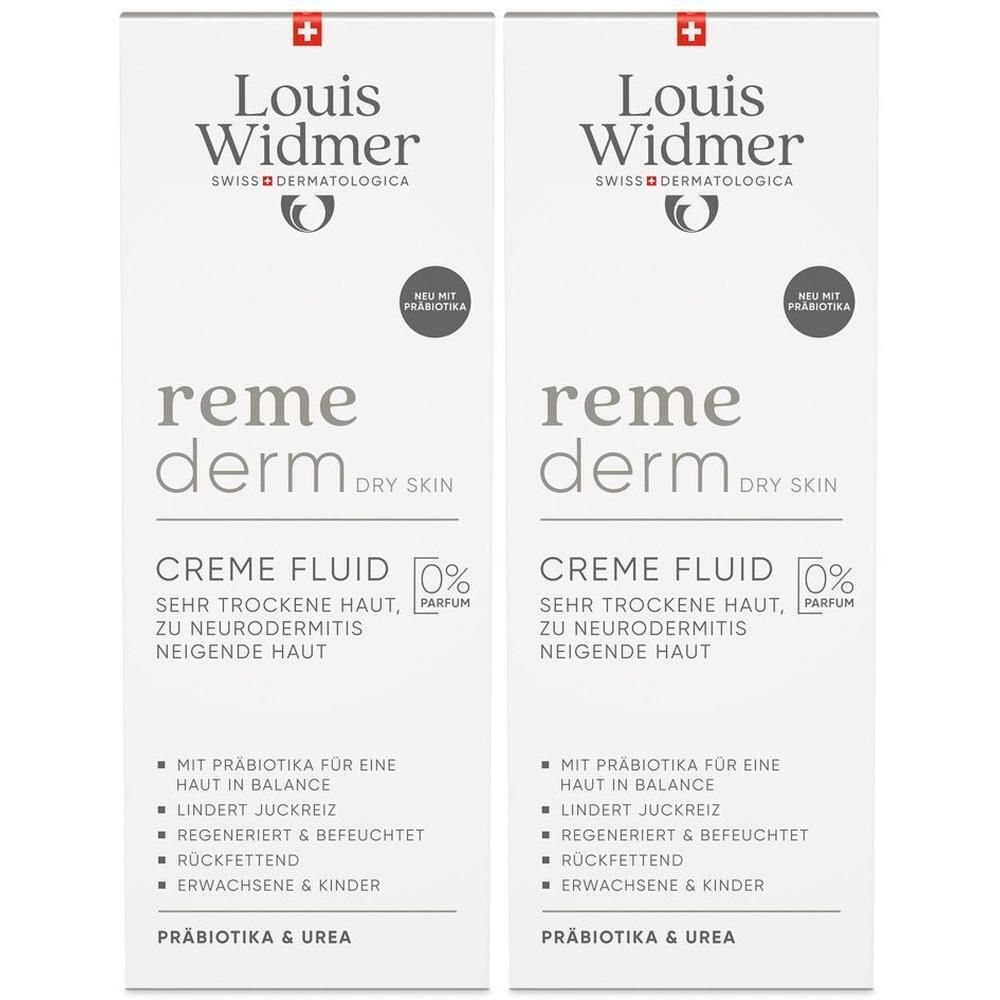Zwei weiße Flaschen Louis Widmer remederm Creme Fluid. Text: Creme Fluid, 0% Parfum, für trockene Haut. Mit Logo und Schweizer Kreuz.