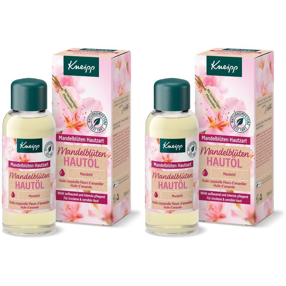 Zwei Flaschen Hautöl mit Verpackung. Aufschrift: Mandelblüten Hautöl. Marke: Kneipp. Flaschen mit grünem Deckel.