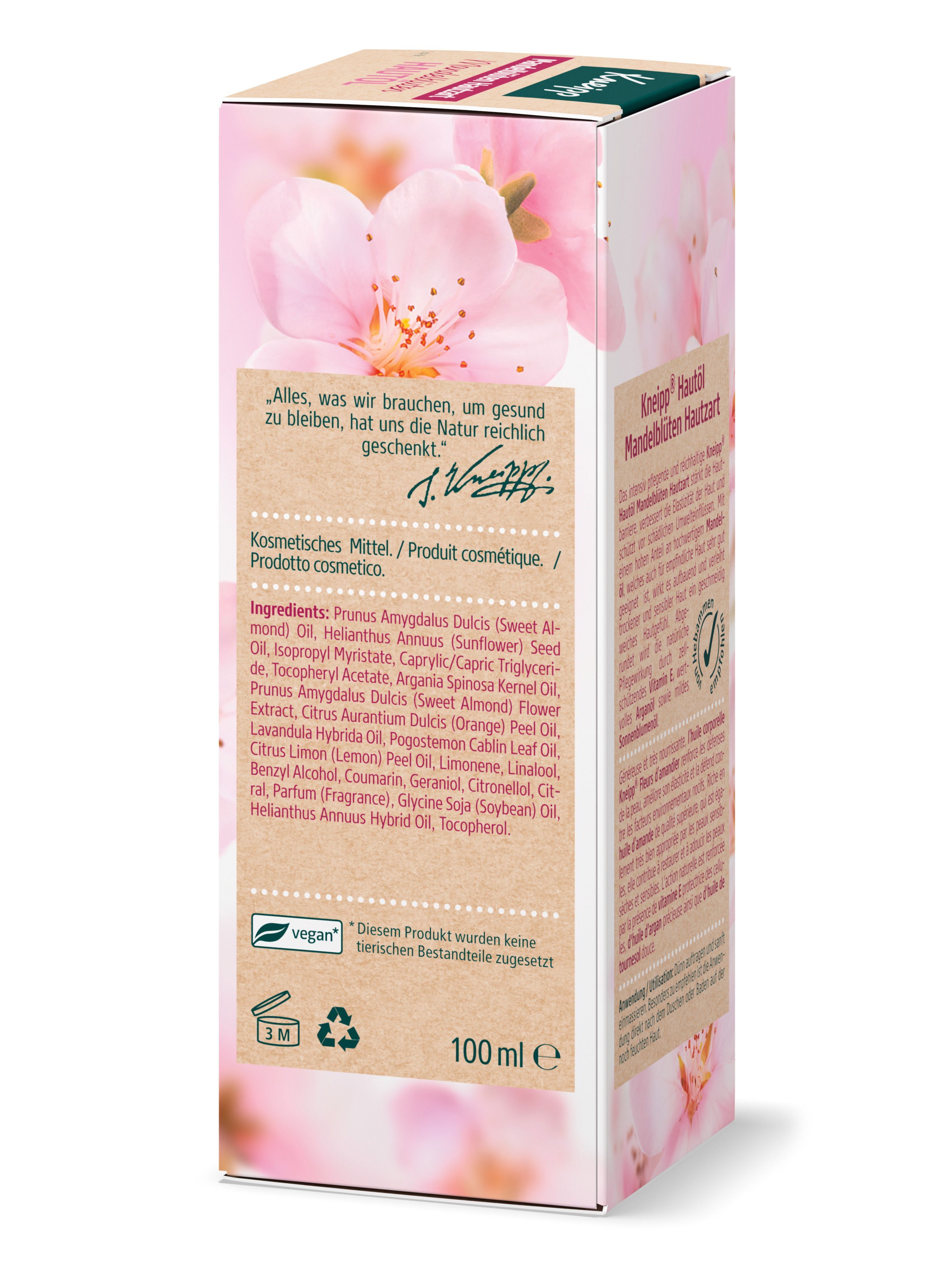 Rückseite der Verpackung. Auflistung der Inhaltsstoffe. Marke: Kneipp. Vegan-Siegel und Volumenangabe: 100 ml.