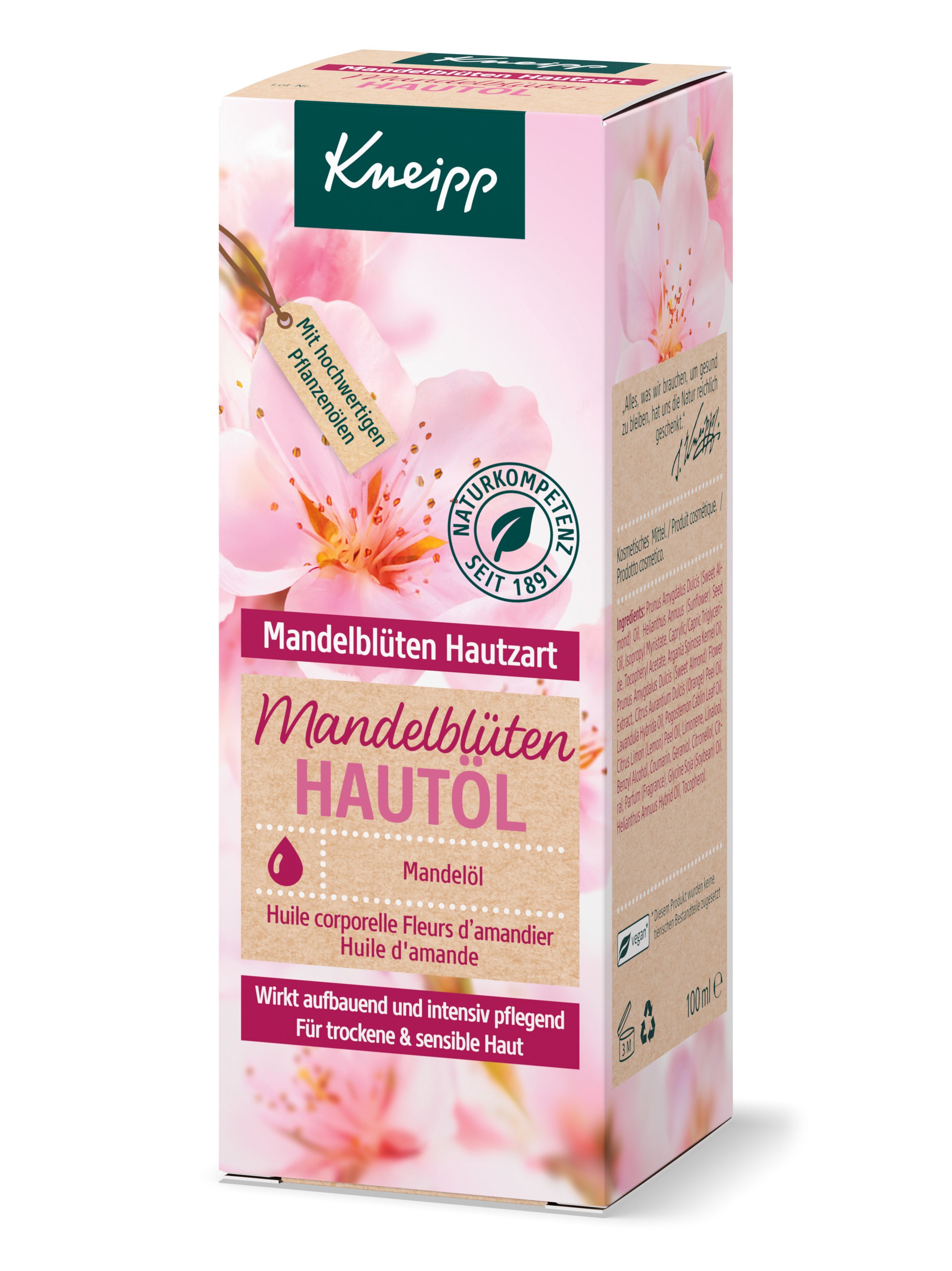 Verpackung von Mandelblüten Hautöl. Marke: Kneipp. Text: Mandelblüten Hautöl. Mit Zertifizierung: Naturkompetenz.