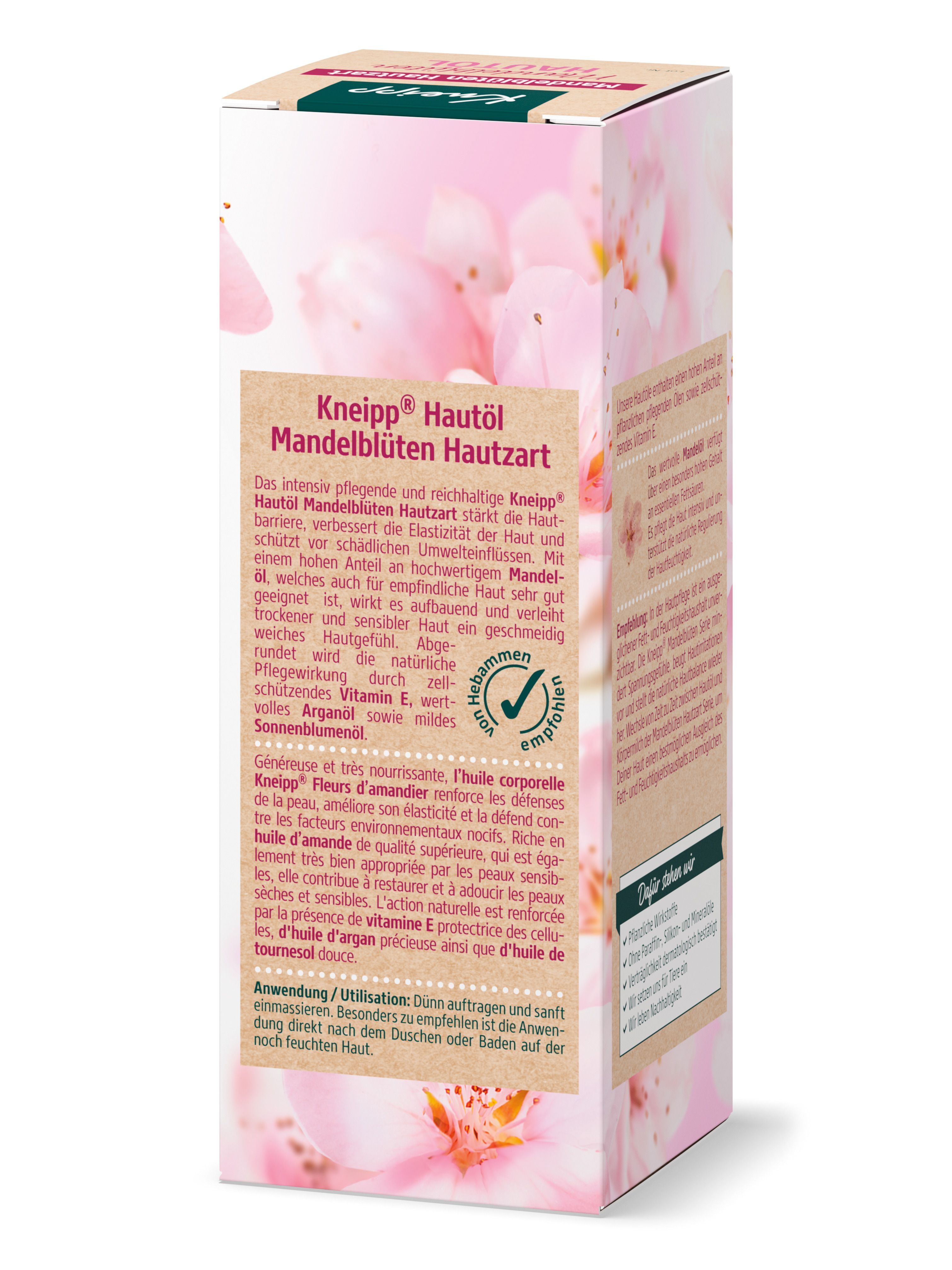 Seite der Verpackung. Text über die Eigenschaften des Hautöls. Marke: Kneipp. Mit Empfehlung und Qualitätssiegel.