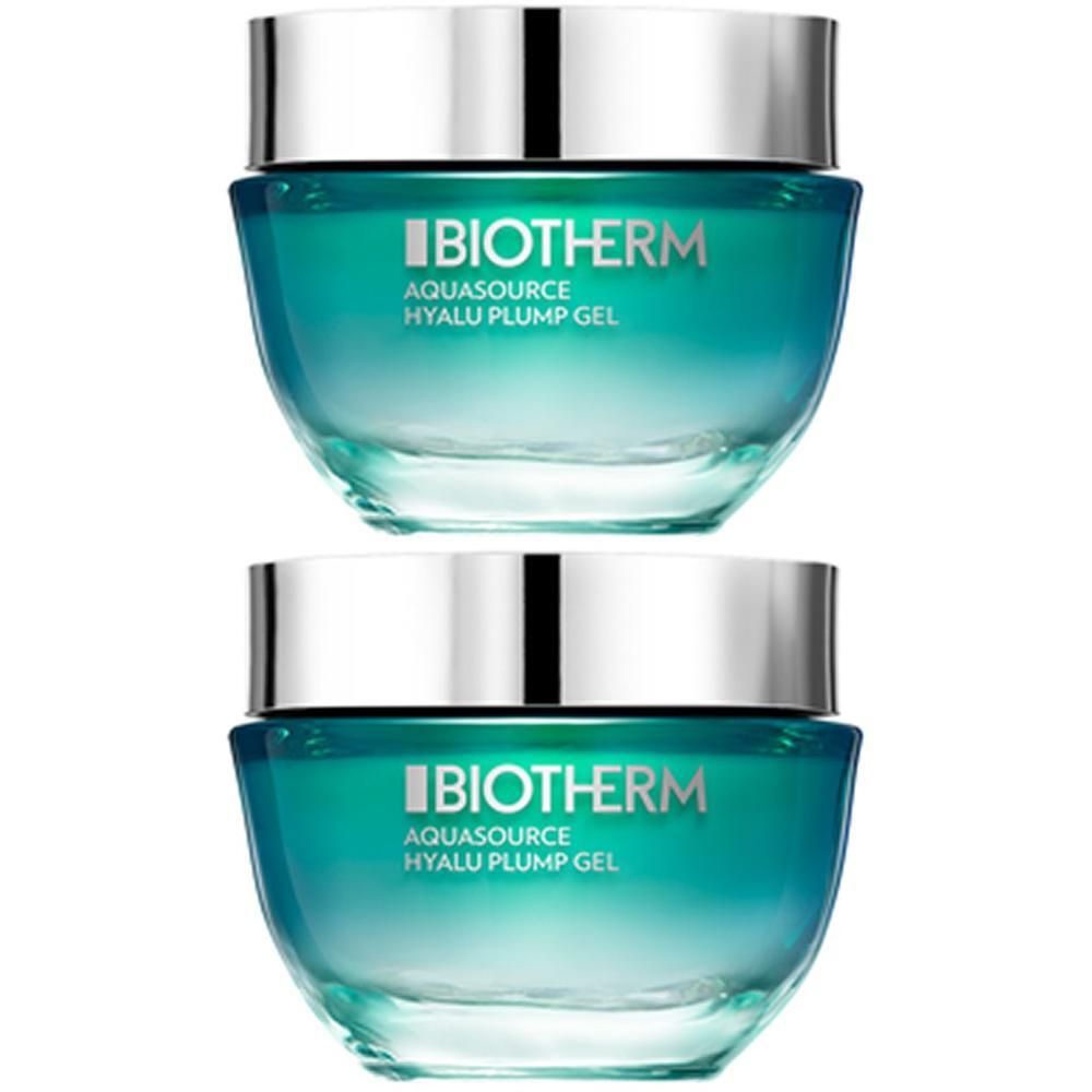 Zwei Tiegel BIOTHERM Aquasource Hyalu Plump Gel. Runde, türkisfarbene Gläser mit silbernen Deckeln. BIOTHERM-Logo und Produktname auf der Vorderseite.