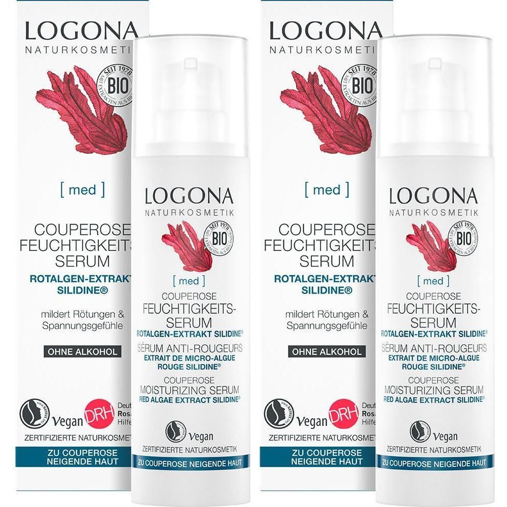 Mehrere Flaschen LOGONA Couperose Feuchtigkeits-Serum mit Verpackung. Weißes Fläschchen mit Pumpe, rotem Logo und Text. Bio-Siegel.