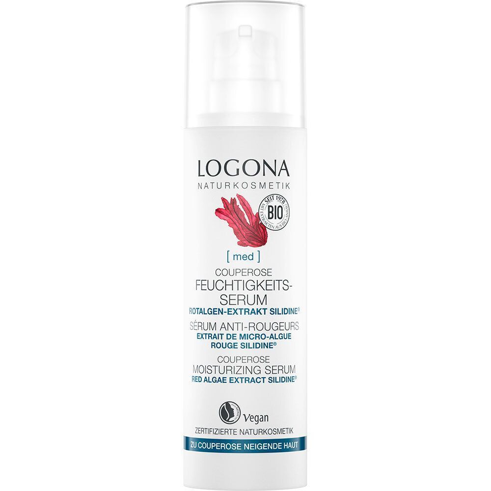 Einzelne Flasche LOGONA Couperose Feuchtigkeits-Serum. Weißes Fläschchen mit Pumpe, rotem Logo und Text. Bio-Siegel.