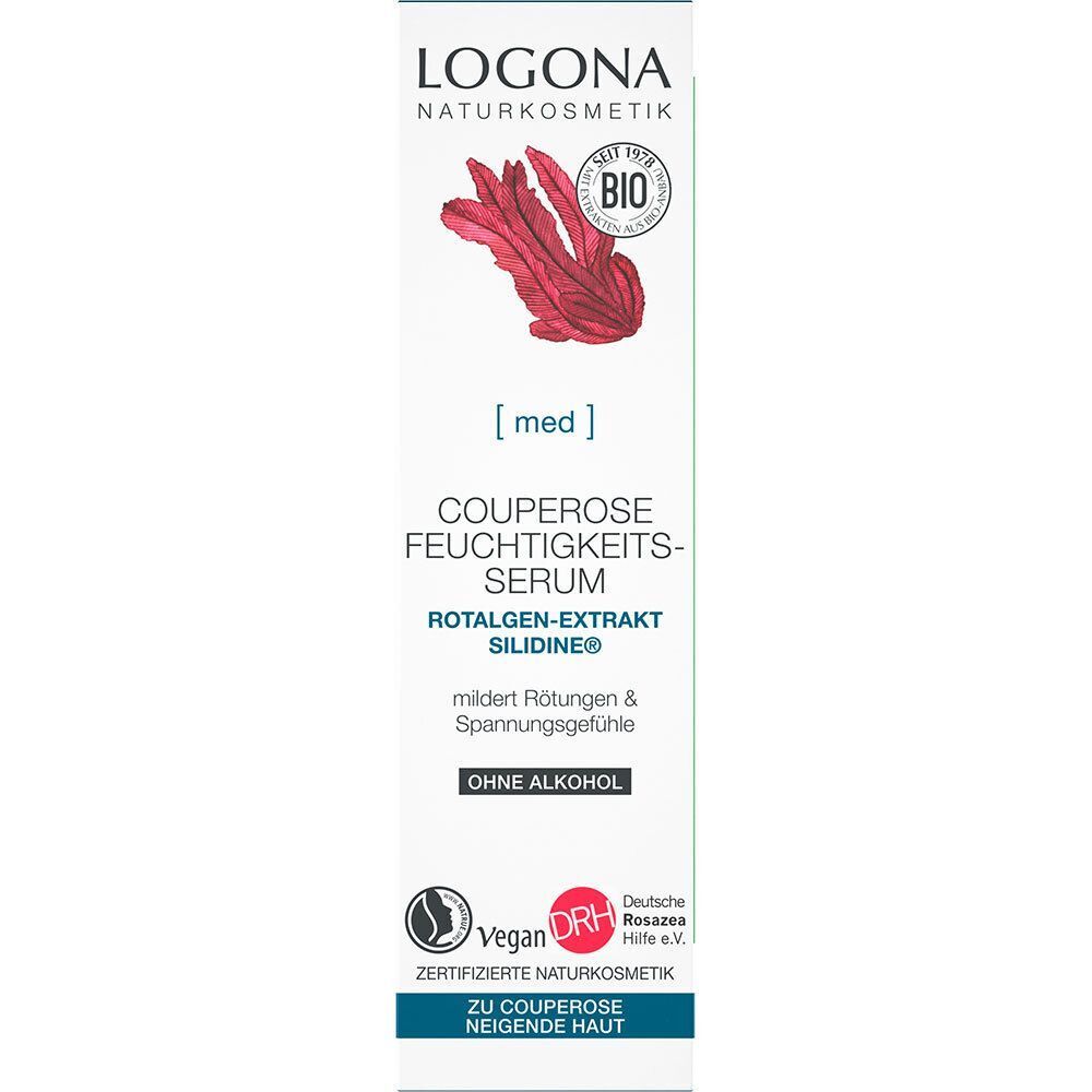 Verpackung des LOGONA Couperose Feuchtigkeits-Serums. Weiß, mit rotem Logo, Text und Bio-Siegel. Vegan-Logo.