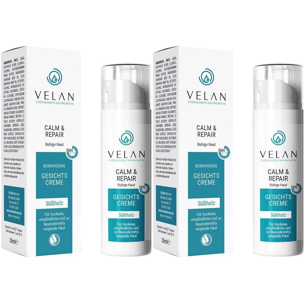 Drei VELAN CALM & REPAIR Gesichtscreme-Tuben und -Verpackungen. Weiße Flaschen mit blauer Schrift und Logo. Text: Beruhigende Gesichtscreme.